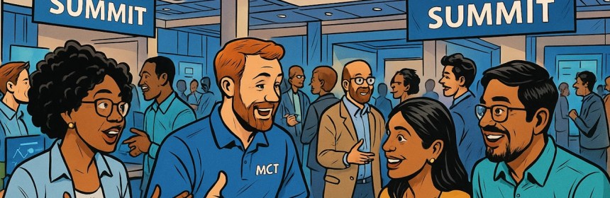 AI generated image. Illustration of a lively networking event at the “MCT Summit.” Groups of people are talking and smiling in a conference hall. In the foreground, four individuals stand around a table with open laptops and charts, engaged in animated discussion. Two large banners reading “MCT Summit” hang above. The atmosphere is professional and collaborative.